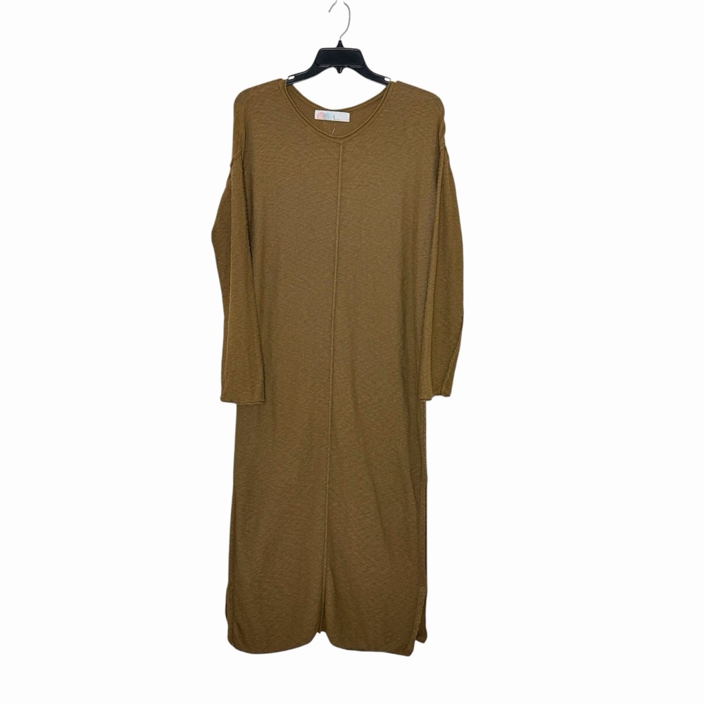 Free People Beach Women's Medium Brown Knit Maxi Dress Exposed Seam Slit Boho